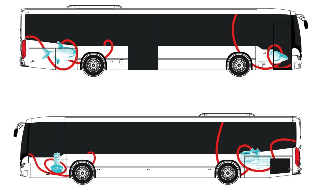 Kaksi kuvitettua bussia