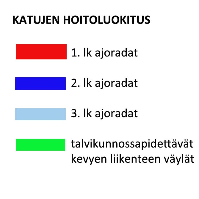 Katujen hoitoluokitus kartalla olevien värien selitteet