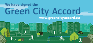 Piirretty kuva kaupungin siluetista ja teksti We have signed the Green City Accord, www.greencityaccord.eu
