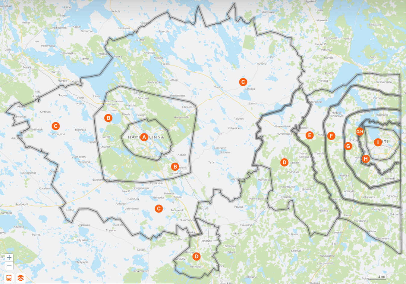 Kartta joukkoliikenteen vyöhykkeistä. Hämeenlinna-Lammi-Lahti.