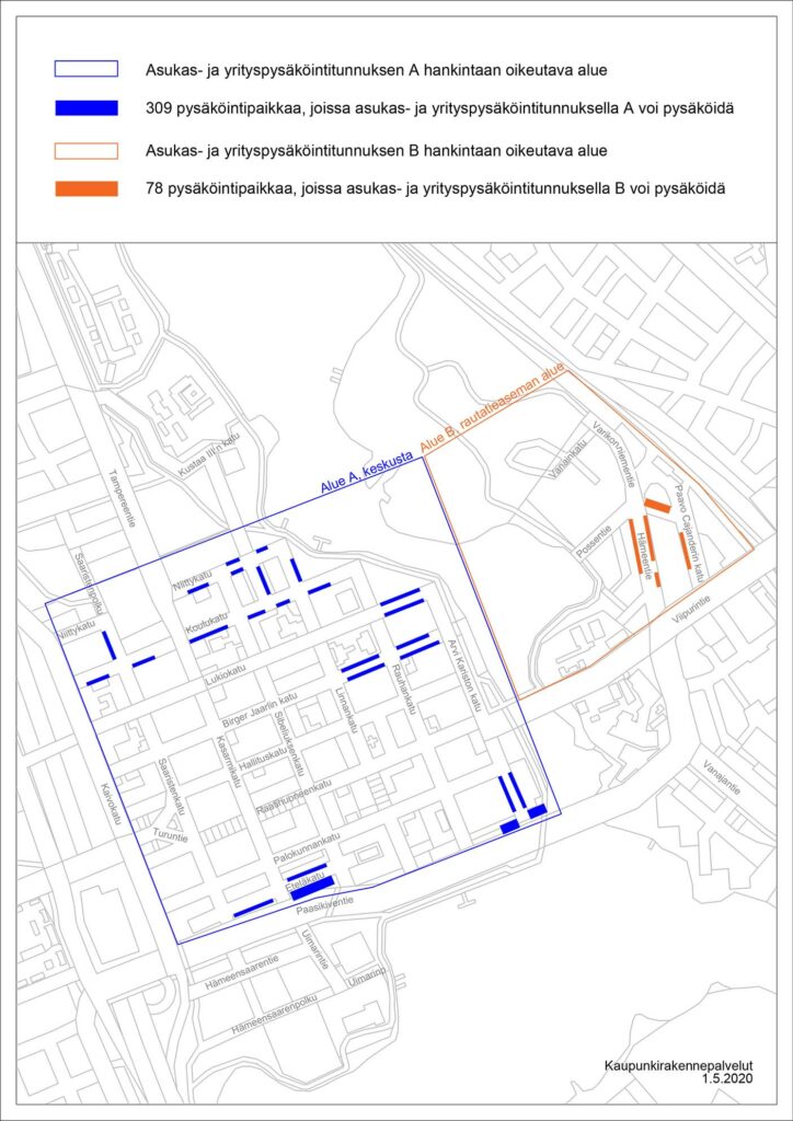 Asukas- ja yritystunnuspysäköintialueet kartalla