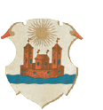 Hämeenlinnan vanha vaakuna, jonka keskellä on punainen Hämeen linna, etualan sininen viiva symboloi Vanajavettä
