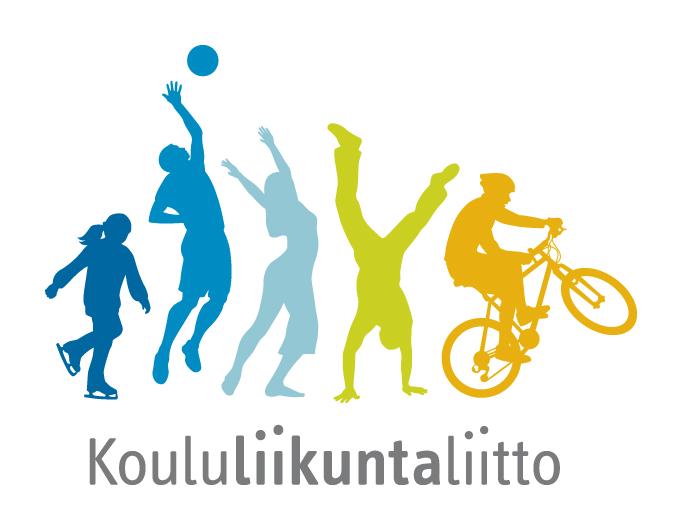 Värikäs logo, jossa ihmiset urheilevat ja alapuolella teksti Koululiikuntaliitto