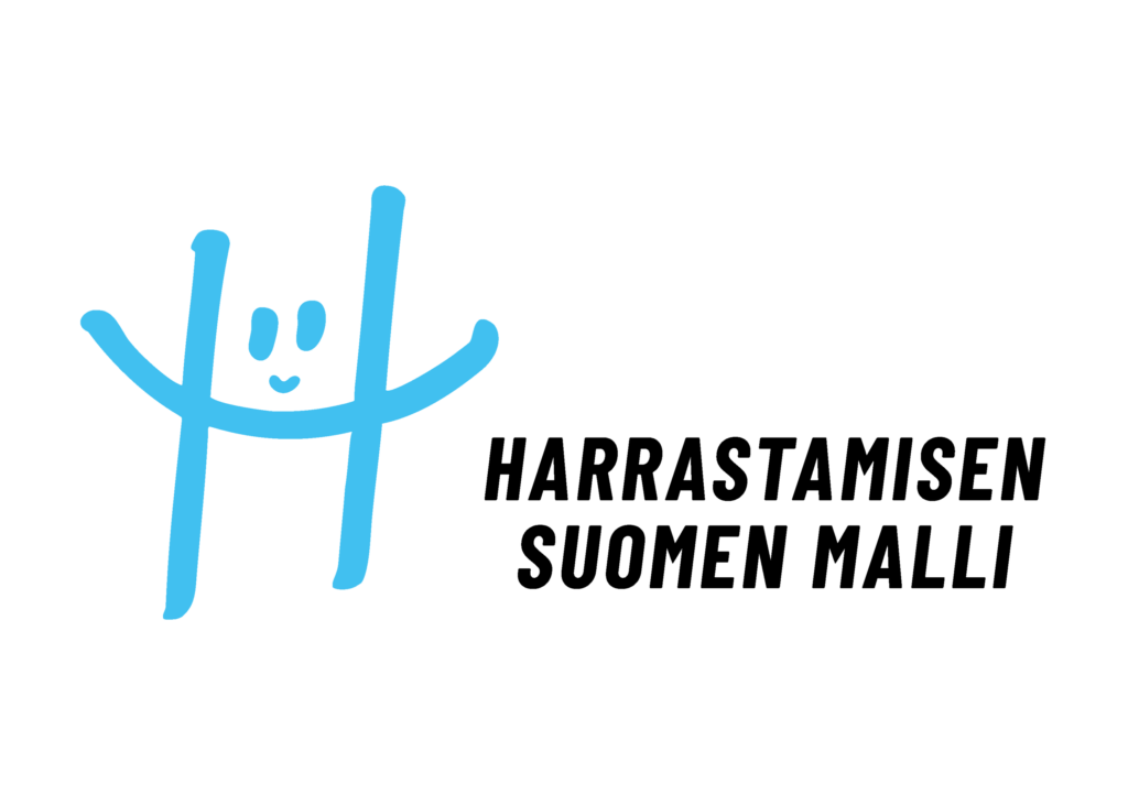Sininen H-kirjainta muistuttava logo, jonka vieressä musta teksti Harrastamisen Suomen malli
