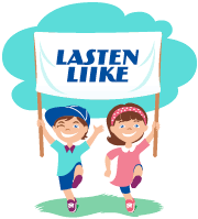Lasten Liike -logo, jossa poika ja tyttö kantavat kylttiä