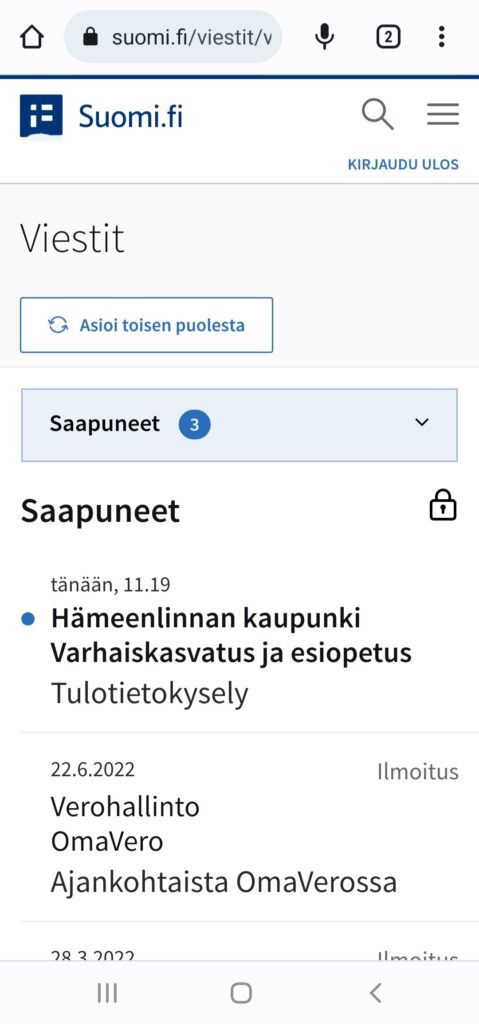 Suomi.fi Viestit -palvelun näyttökuva