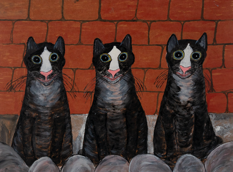 Maalaus, jossa kolme tummaa kissaa vierekkäin.
