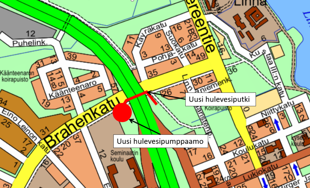 Brahenkadun länsipuolelle rakennettava hulevesipumppaamo ja uusi hulevesipumppaamo kartalla