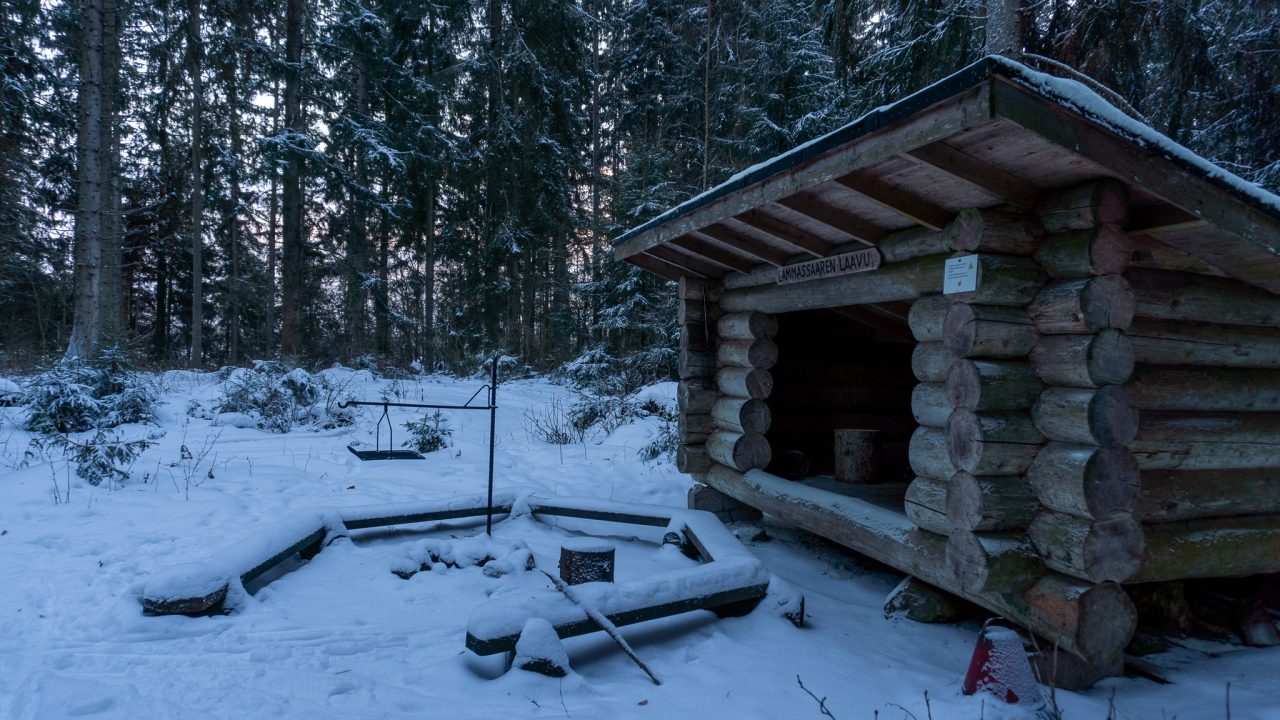 Hirsistä rakennettu laavu, jonka edessä on nuotiokehä.
