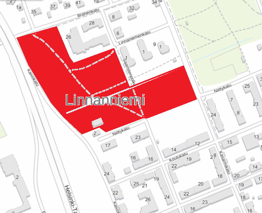 Karnaalinpuiston työmaa-alue kartalla
