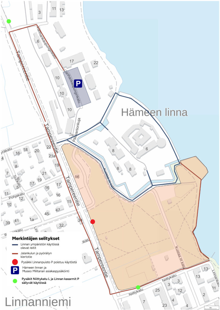 kartalle on kuvattu Linnanpuiston työmaan aikaiset reitit