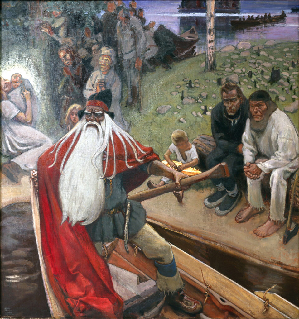 Akseli Gallen-Kallelan öljyvärimaalaus, jossa Väinämöinen lähtee soutuveneellä.
