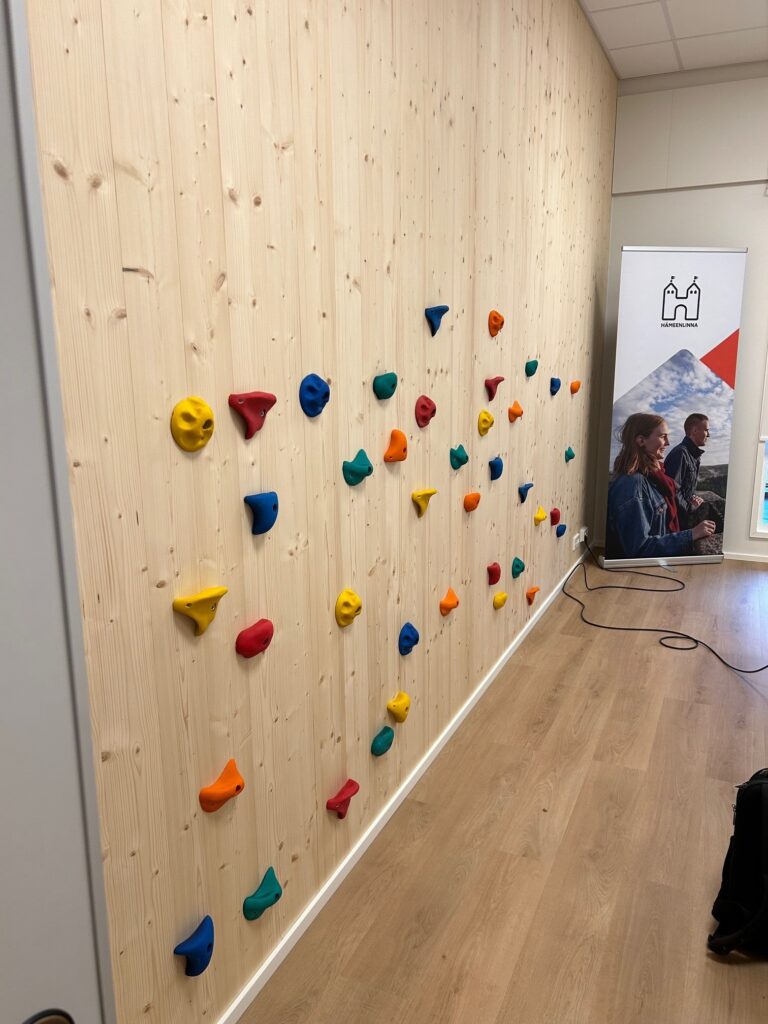 puupintainen seinä , jossa kiipeilykiinnikkeitä