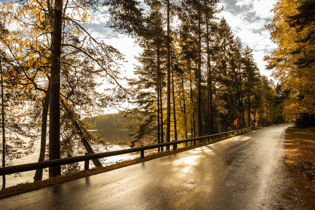 Asfalttitie kulkee järven rannan vierellä.