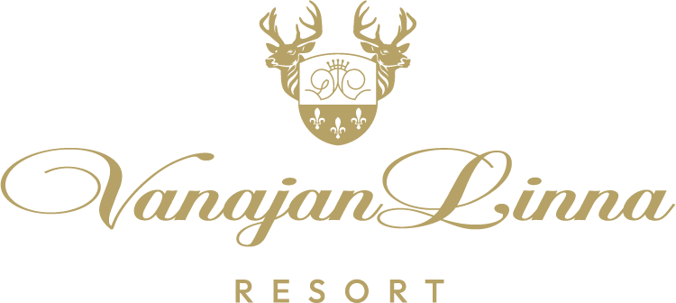 Vanajanlinnan kultainen logo, jossa hirven päät.