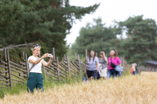 Hikers in a field at Hauho's Iloranta.