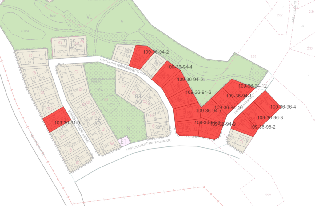 karttaan on merkitty punaisella vapaat tontit
