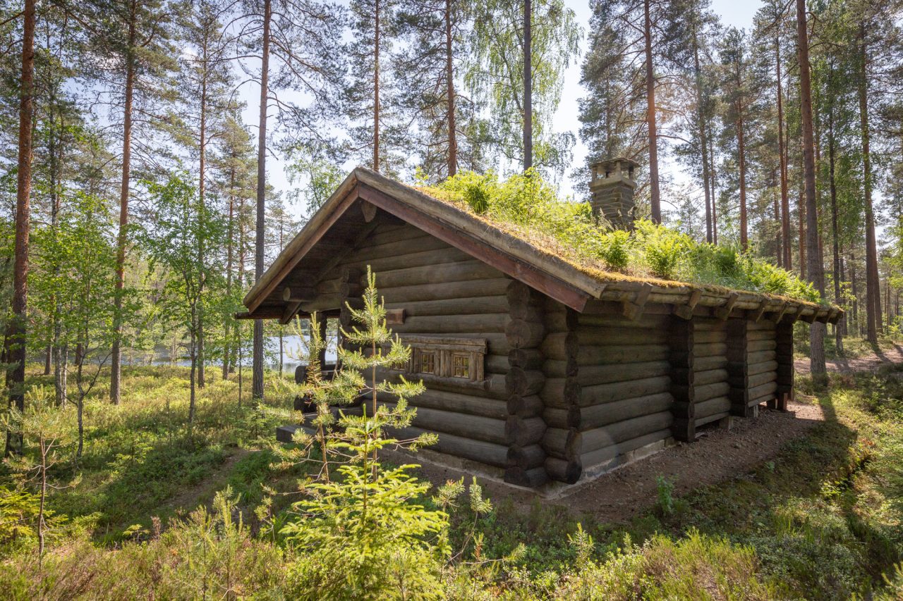 A smoke sauna with a turf roof in the foreground and a pond shimmering in the background.