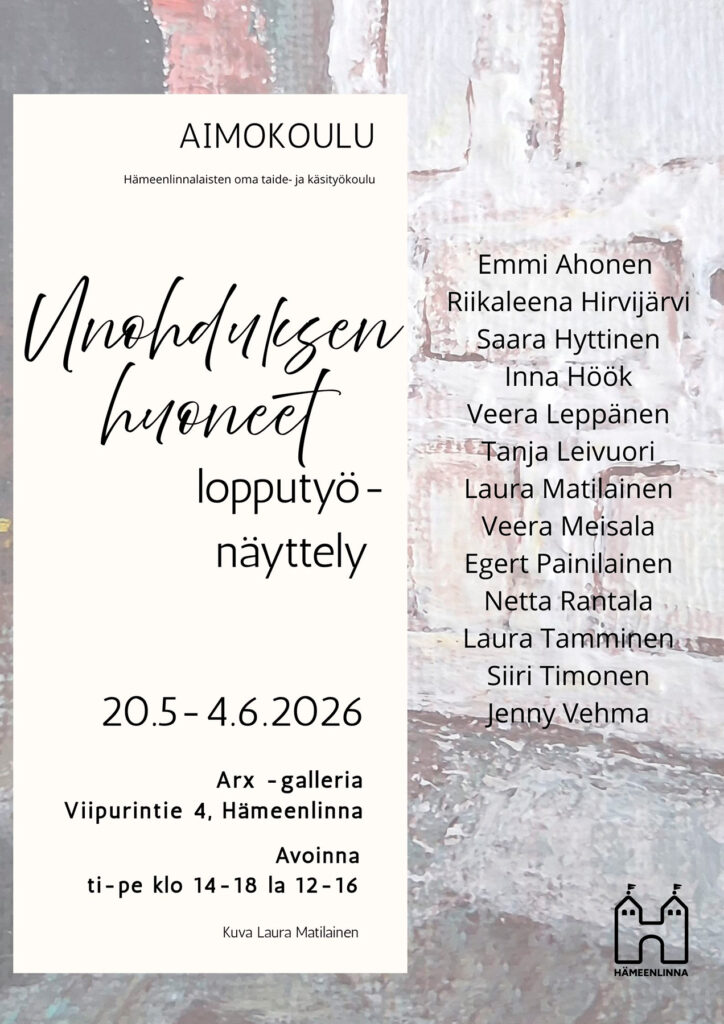 Aimokoulun lopputyönäyttelyn juliste.
