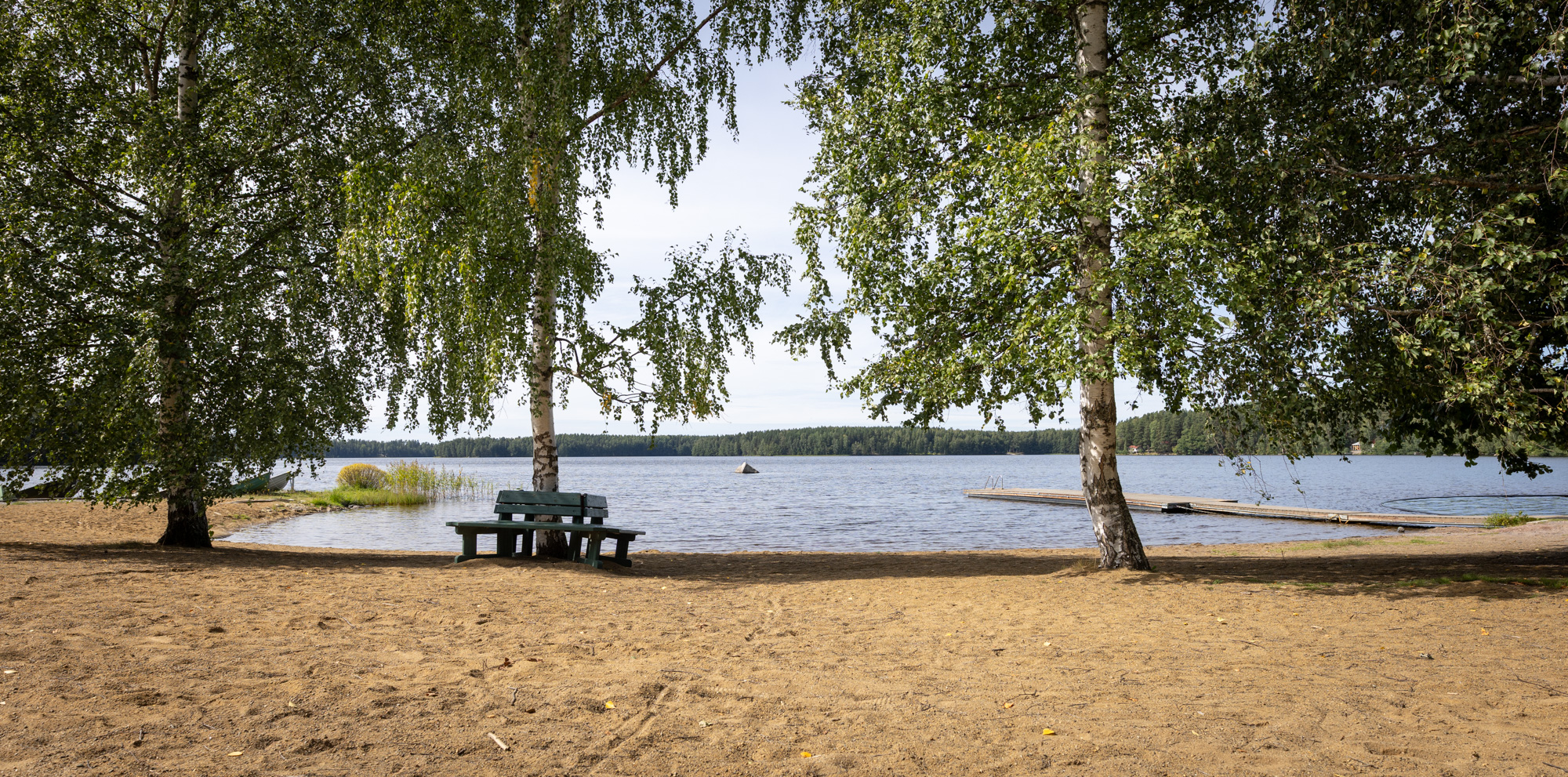 Alajärvi Tervaniemen rannalta kuvattuna, rannalla puita, penkkejä ja laituri.