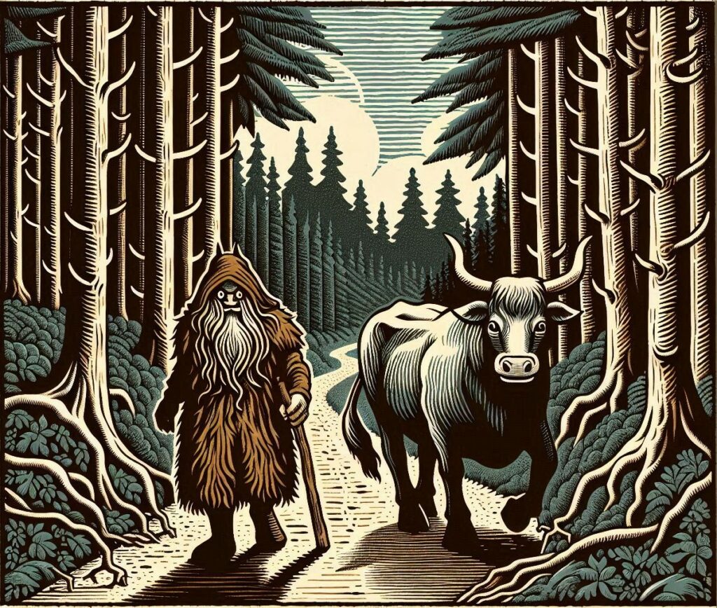 Drawing of a hiisi driving cattle on a forest road.