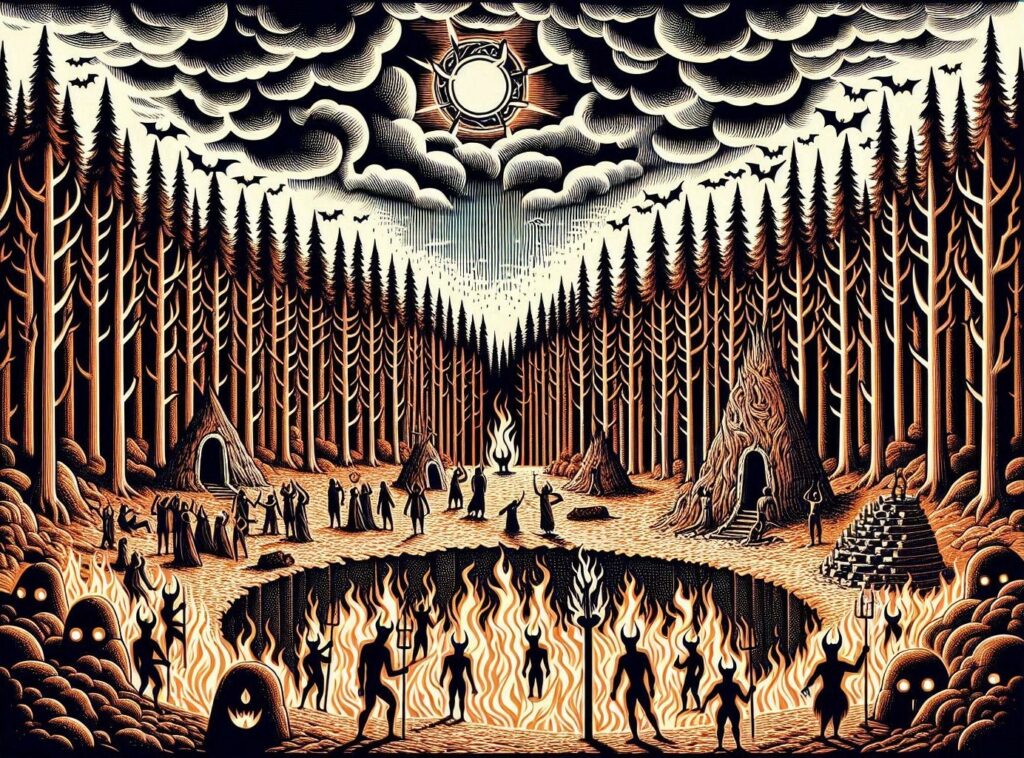 Piirros metsän keskellä olevasta kuopasta, jossa palaa tuli ja jonka ympärillä on piruhahmoja.