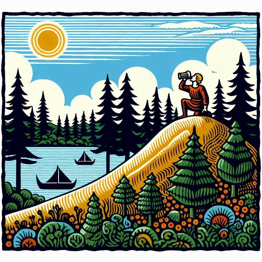 A person drinks beer on top of a hill.