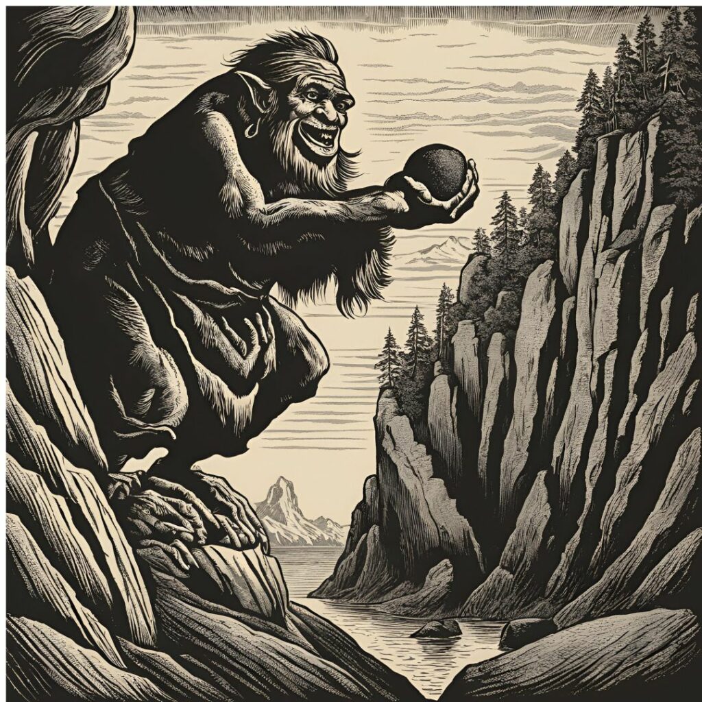 A giant holds a stone in his hand.