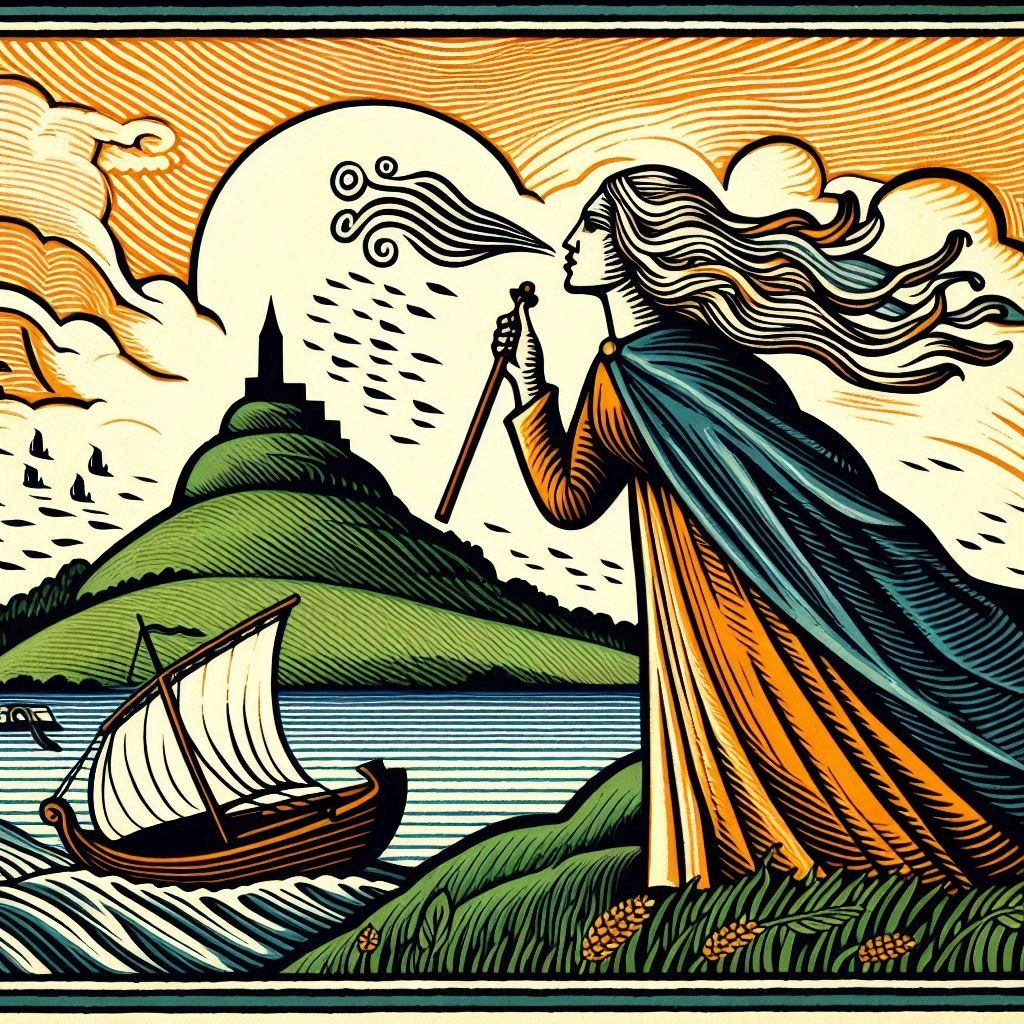 Drawing of Orma blowing wind onto the lake.