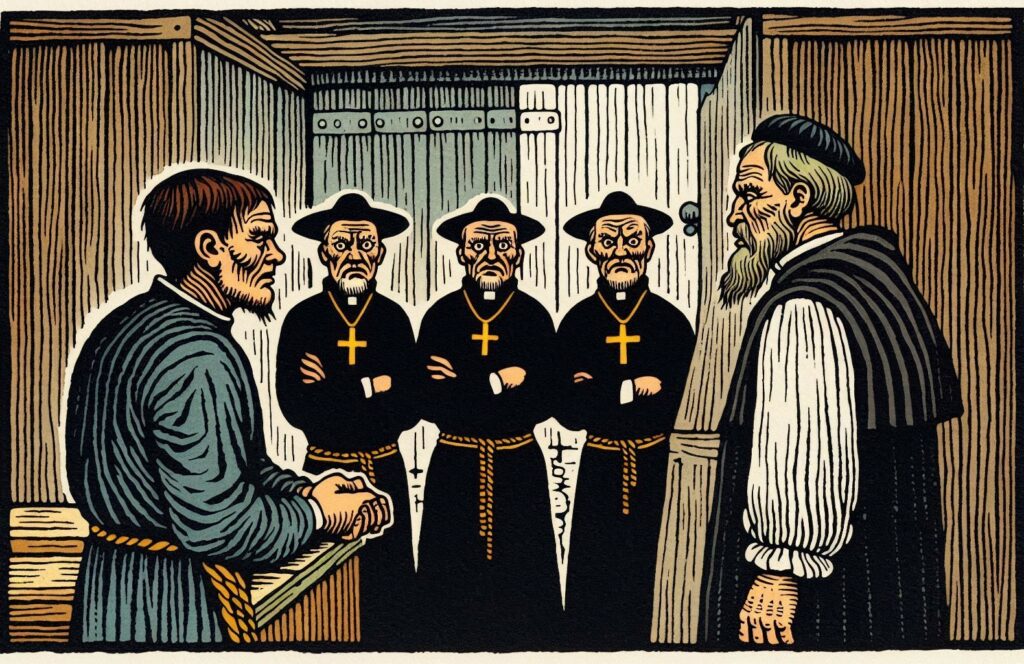 Papit kuulustelevat rituaaliin osallistuneita.