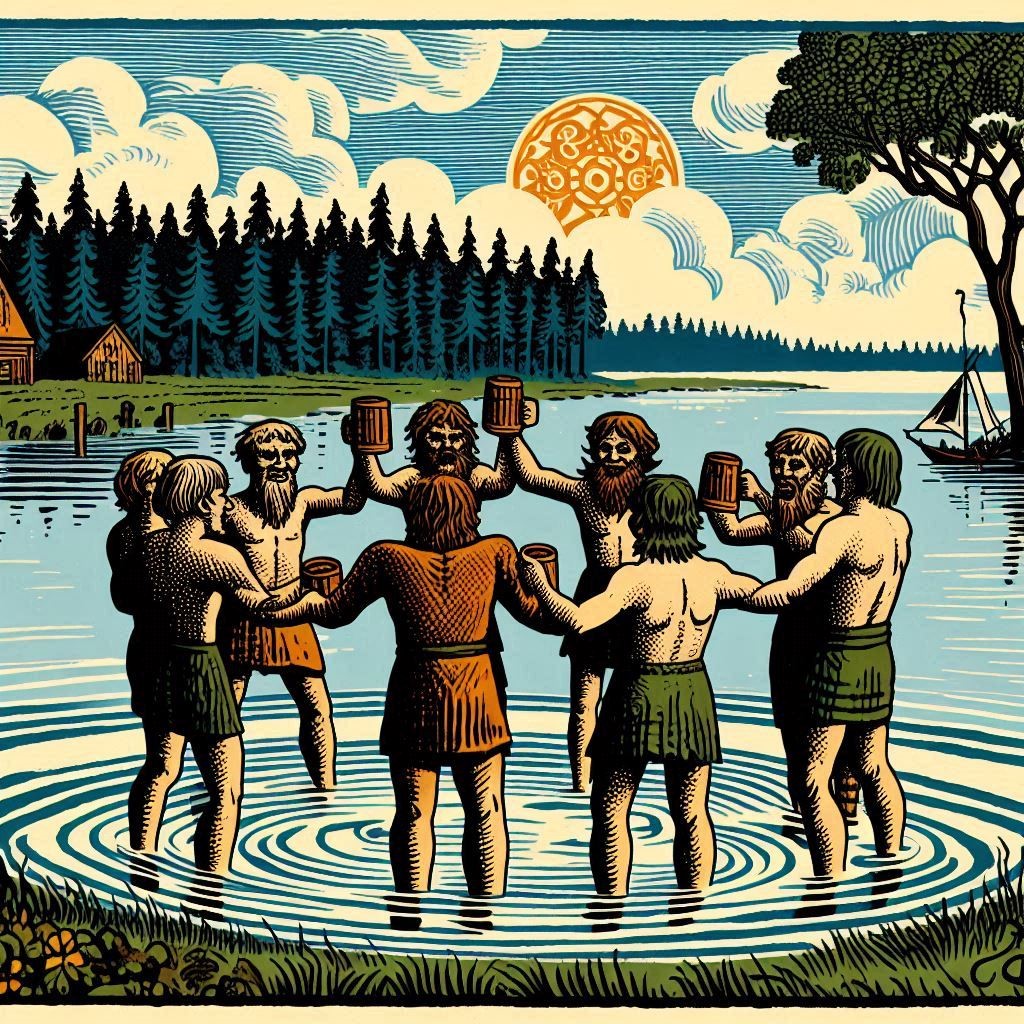 Ihmisiä ringissä järven rannalla.