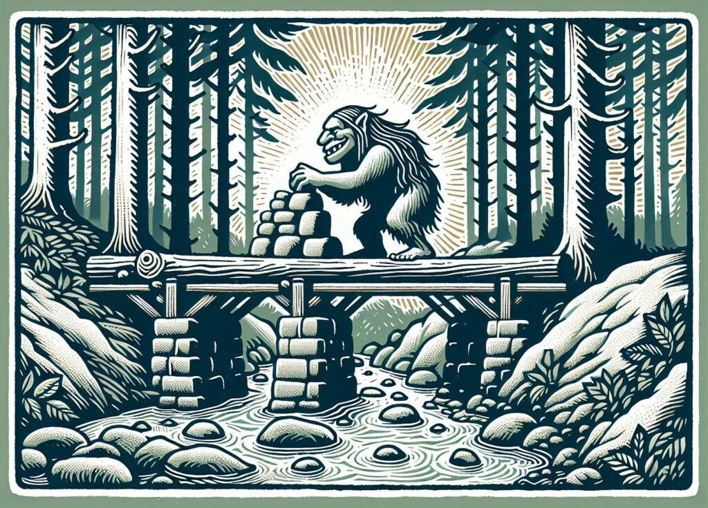 Piirros pirusta rakentamassa siltaa joen yli metsässä.