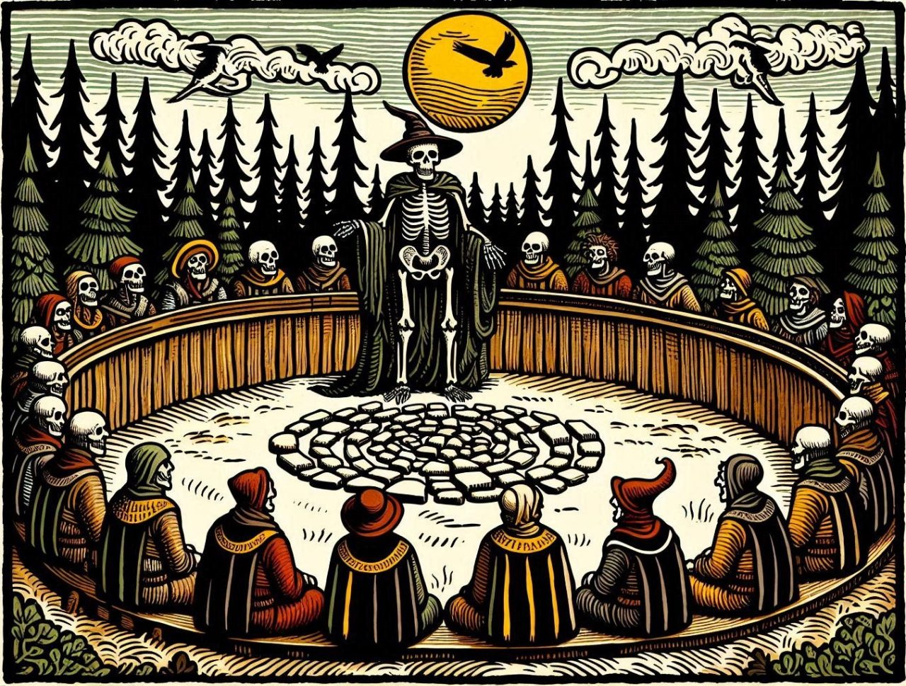 A drawing where a group of skeletons is sitting around a circular ring. In the middle is a large skeleton wearing a hat and a cloak.