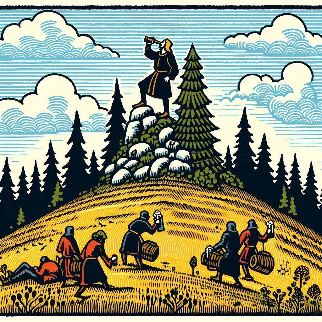 Vakkajuhlan viettäjiä kukkulalla.
