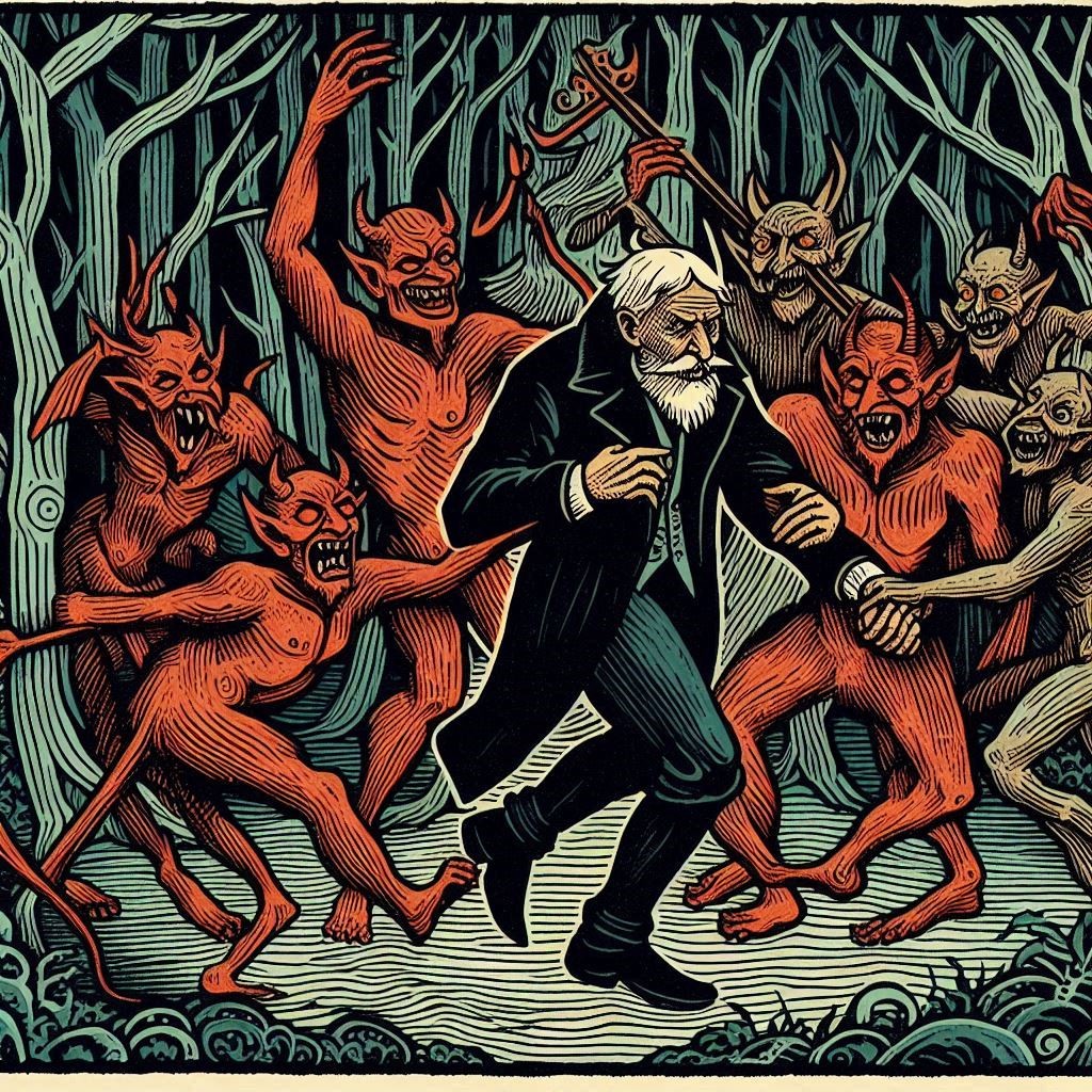 Devil figures make old Tarri dance in the forest.
