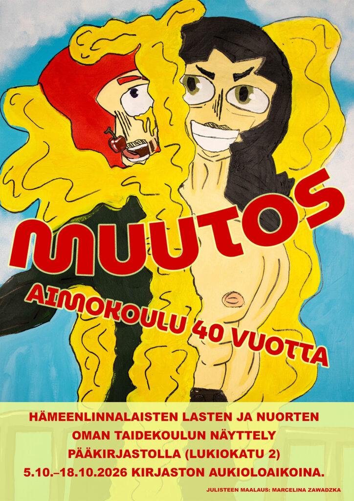 Aimokoulun näyttelyn juliste. Näyttely Hämeenlinnan kirjaston näyttelytilassa 5.10.–18.10.2026